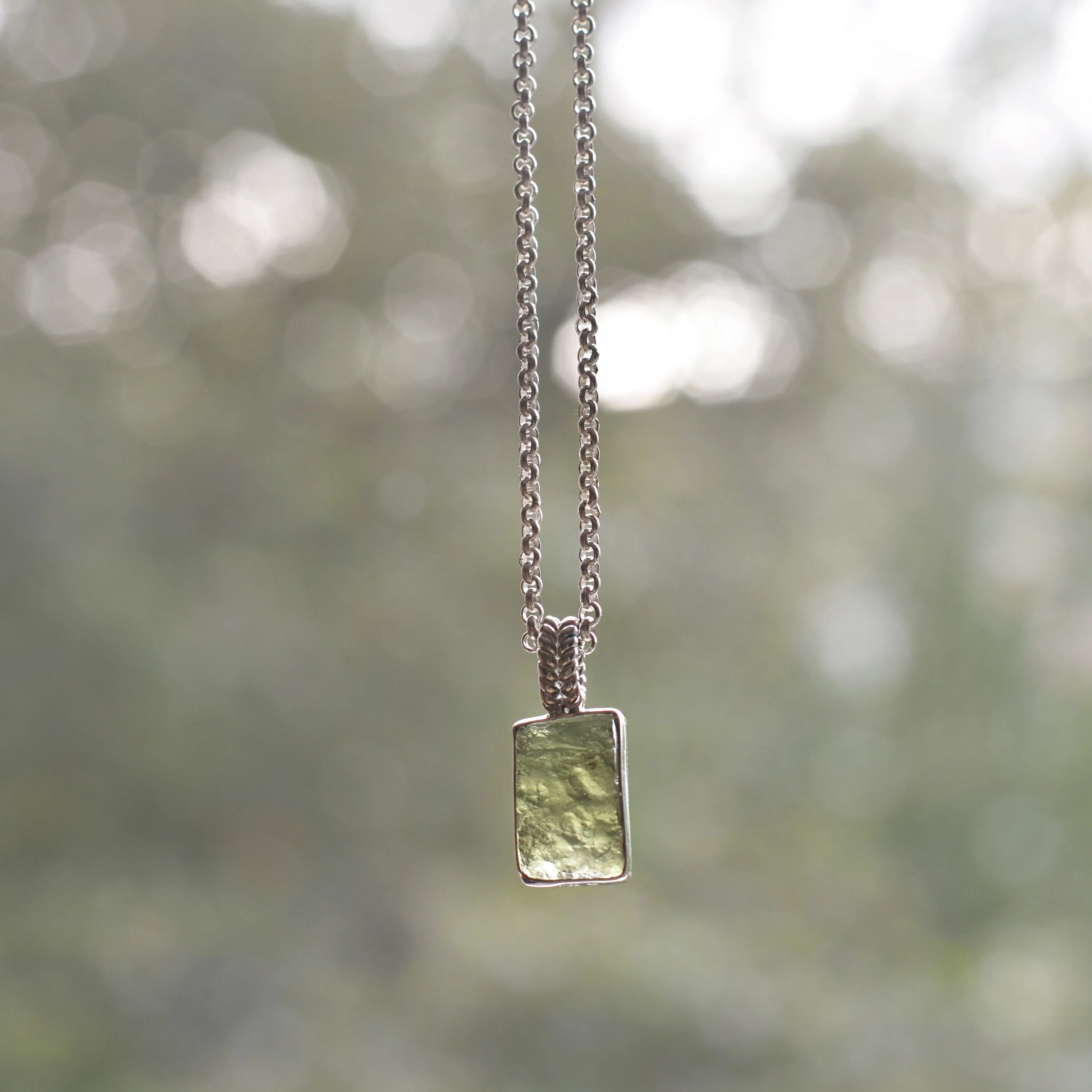 Raw Moldavite Sterling Silver Pendant Square