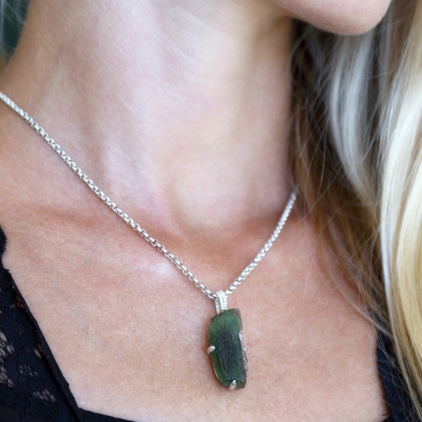 Authentic Moldavite Pendant Necklace in Sterling Silver 7 gr