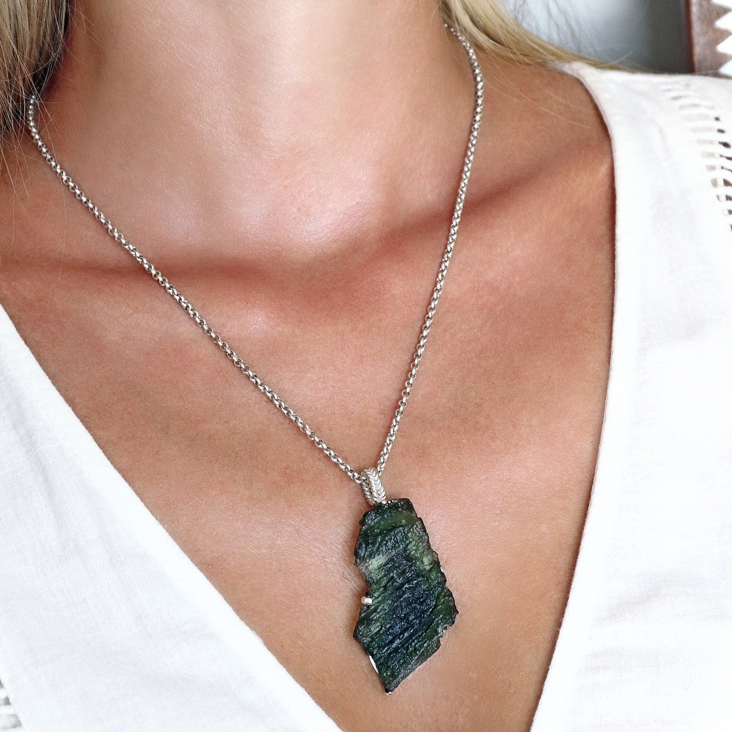 Raw Moldavite Sterling Silver Pendant Necklace