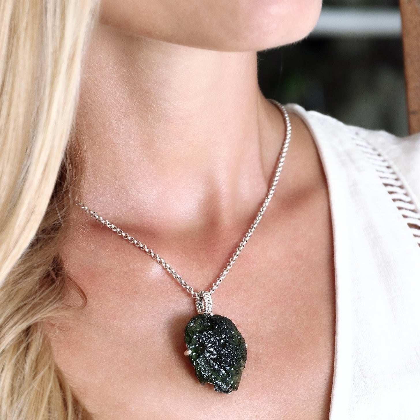 Shiny Apple Green Color Moldavite Necklace 11 gr