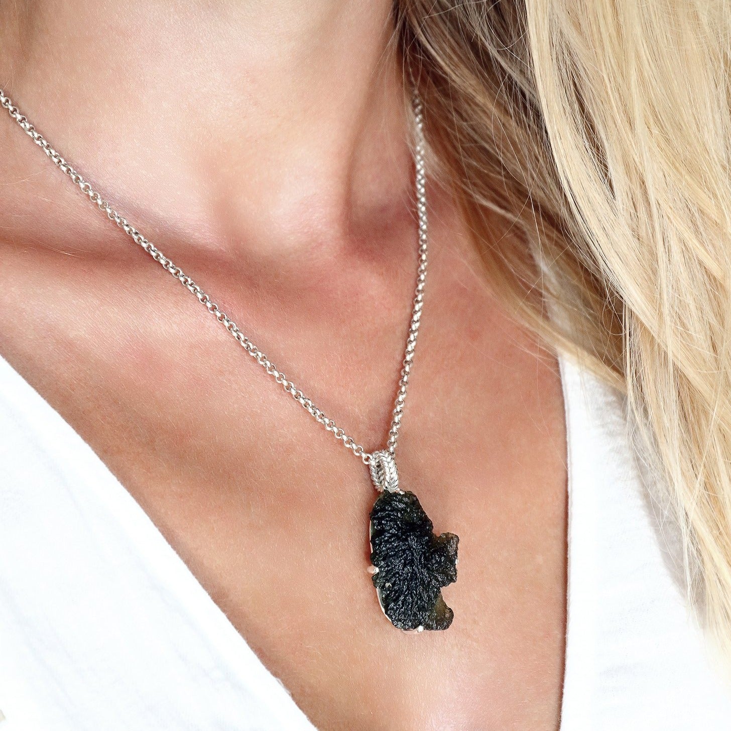Rough Meteorite Pendant Necklace in Sterling Silver 13 gr