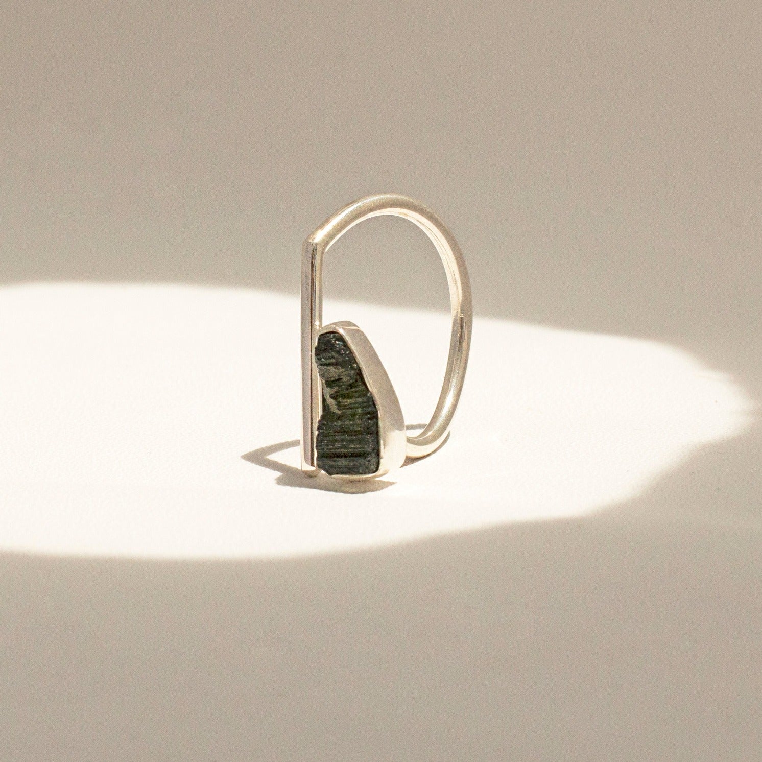 Adjustable Raw Moldavite Ring in Sterling Silver