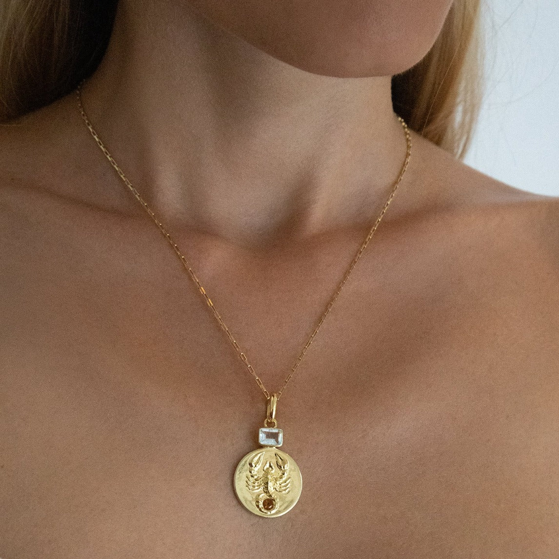 Scorpio coin pendant Necklace with Birthstones Aquamarine and Citrine // Gold