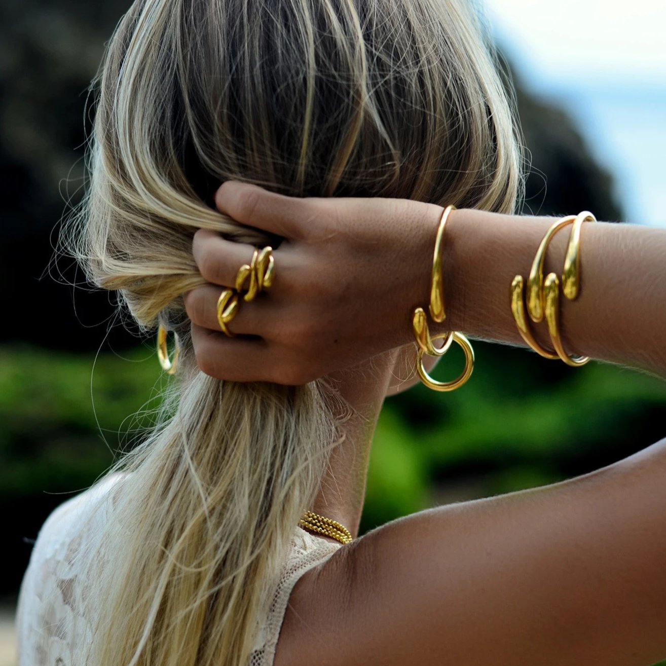 Sterling Silver Chunky Adjustable Drop Bangle gold plated // Gold