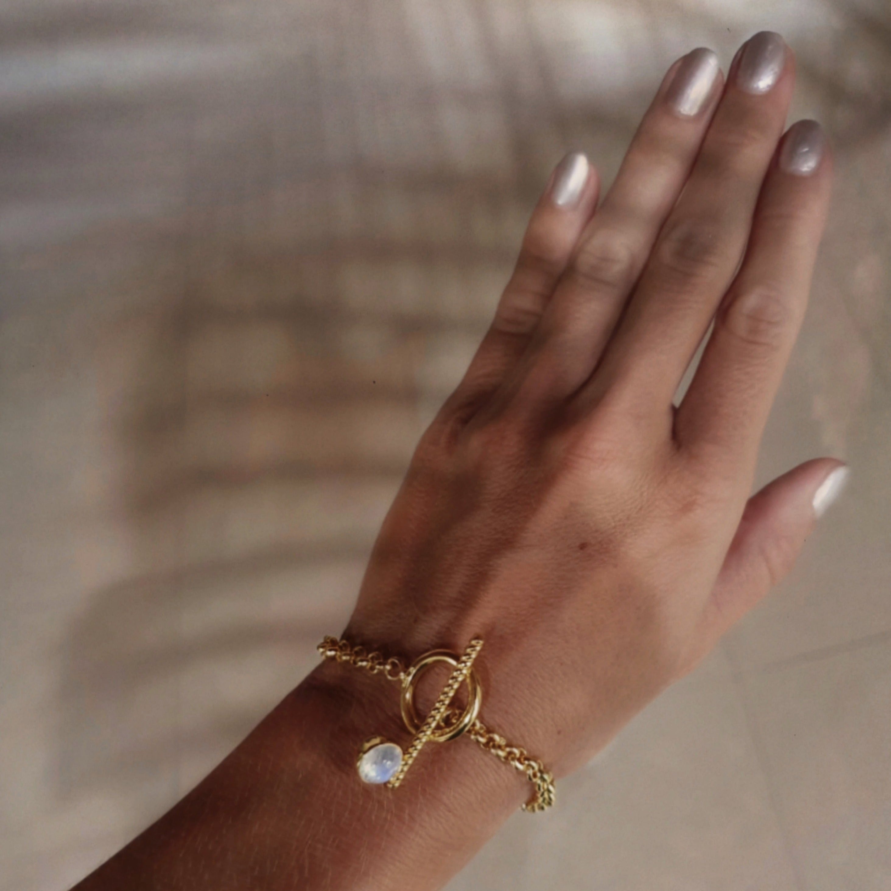 Rolo Chain Moonstone Bracelet with a Toggle clasp // Gold