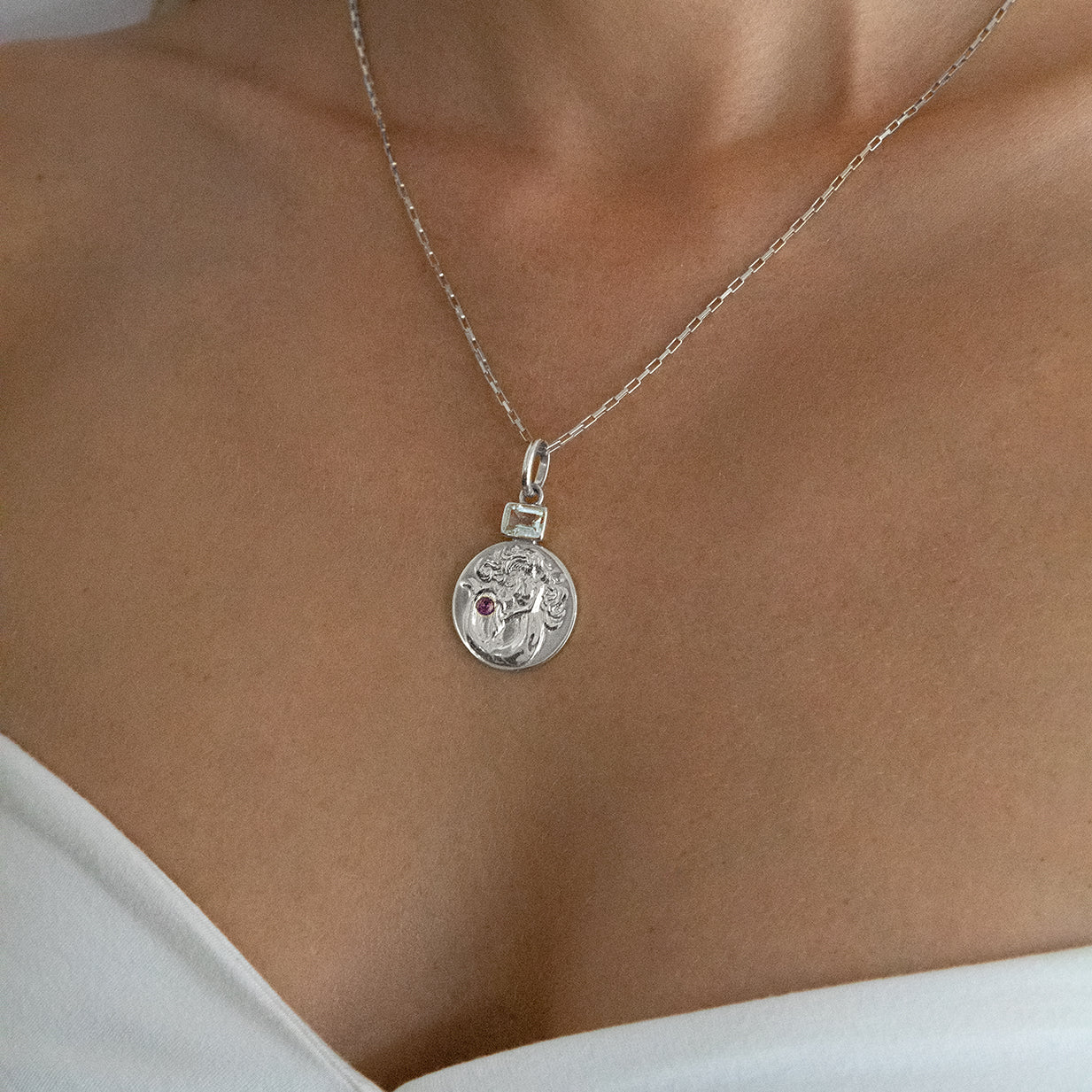 Aquarius coin pendant with Aquamarine and Amethyst Birthstones // Gold