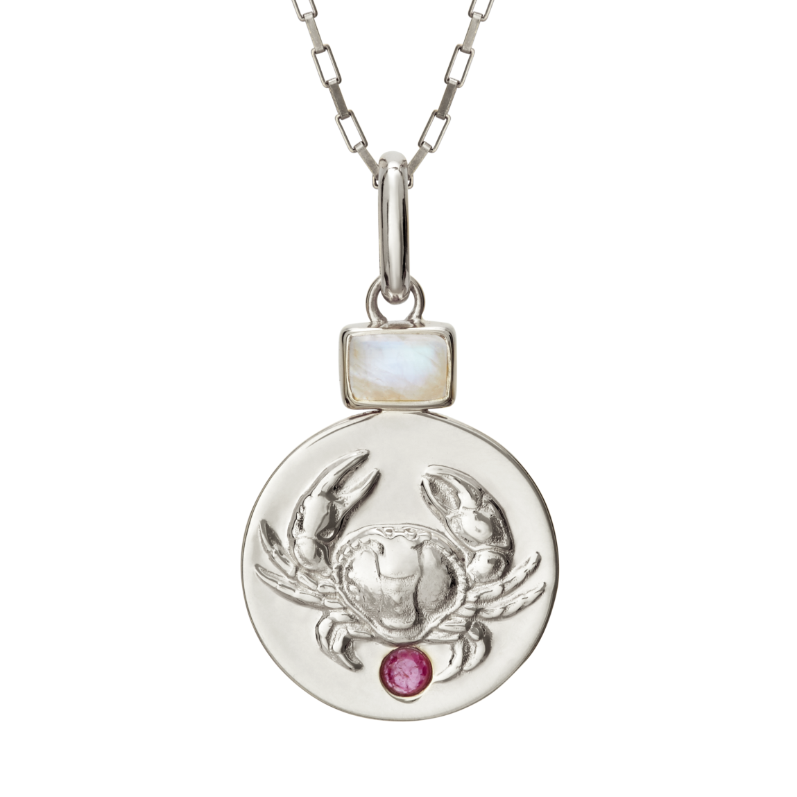 cancer zodiac coin pendant necklace with rainbow moonstone and ruby birthstones // Silver