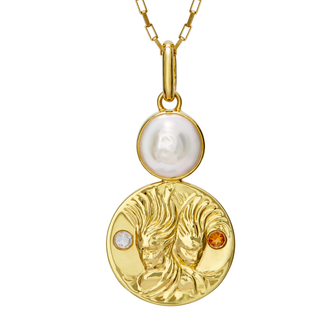 gemini coin pendant necklace with freshwater pearl, rainbow moonstone and citrine birthstones // Gold