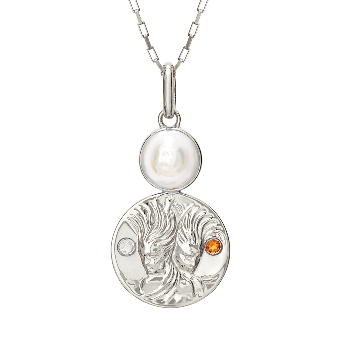 gemini coin pendant necklace with freshwater pearl, rainbow moonstone and citrine birthstones // Silver