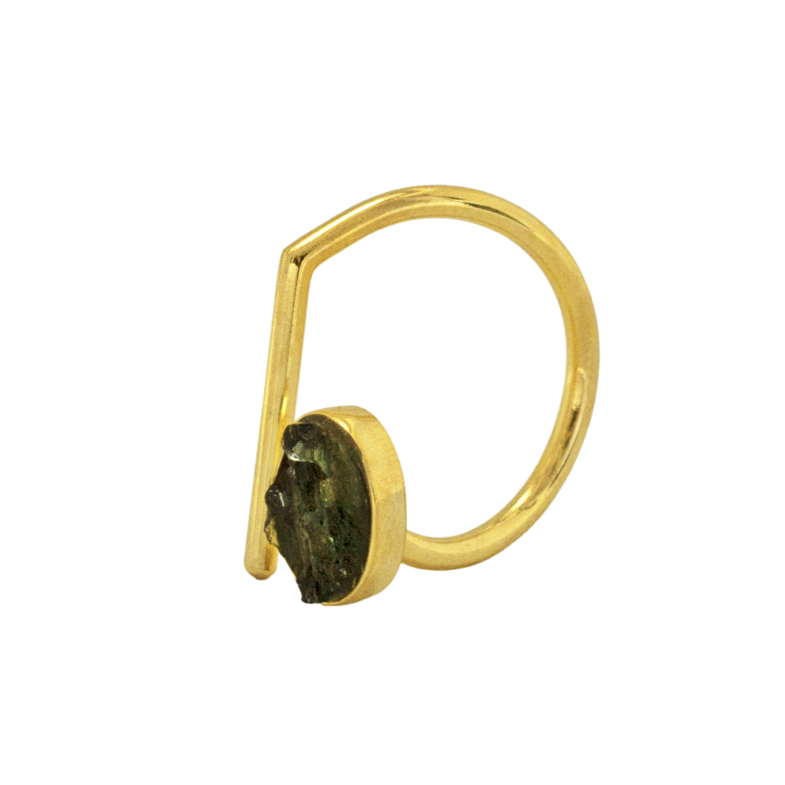 open rough moldavite ring in gold
