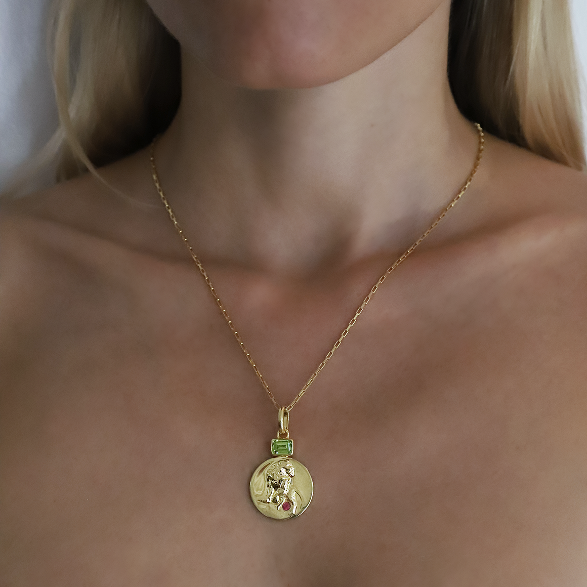 leo coin pendant with peridot and ruby birthstones // Gold