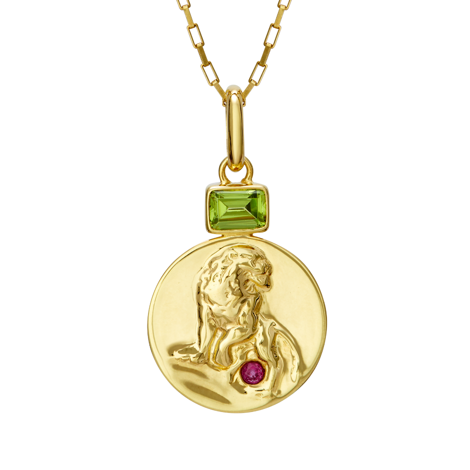 leo coin pendant with peridot and ruby birthstones // Gold