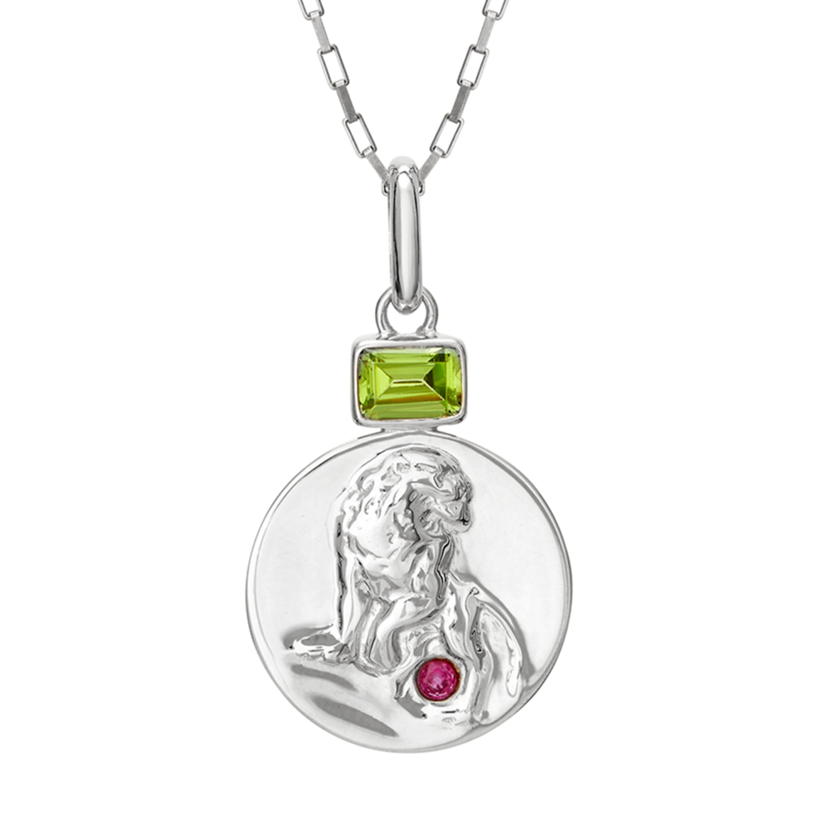 leo coin pendant with peridot and ruby birthstones // Silver