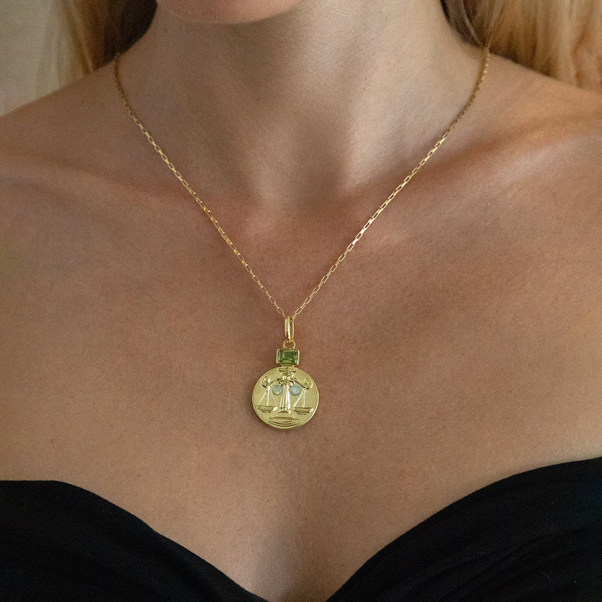 Gold Libra Coin Pendant Necklace With Birthstones