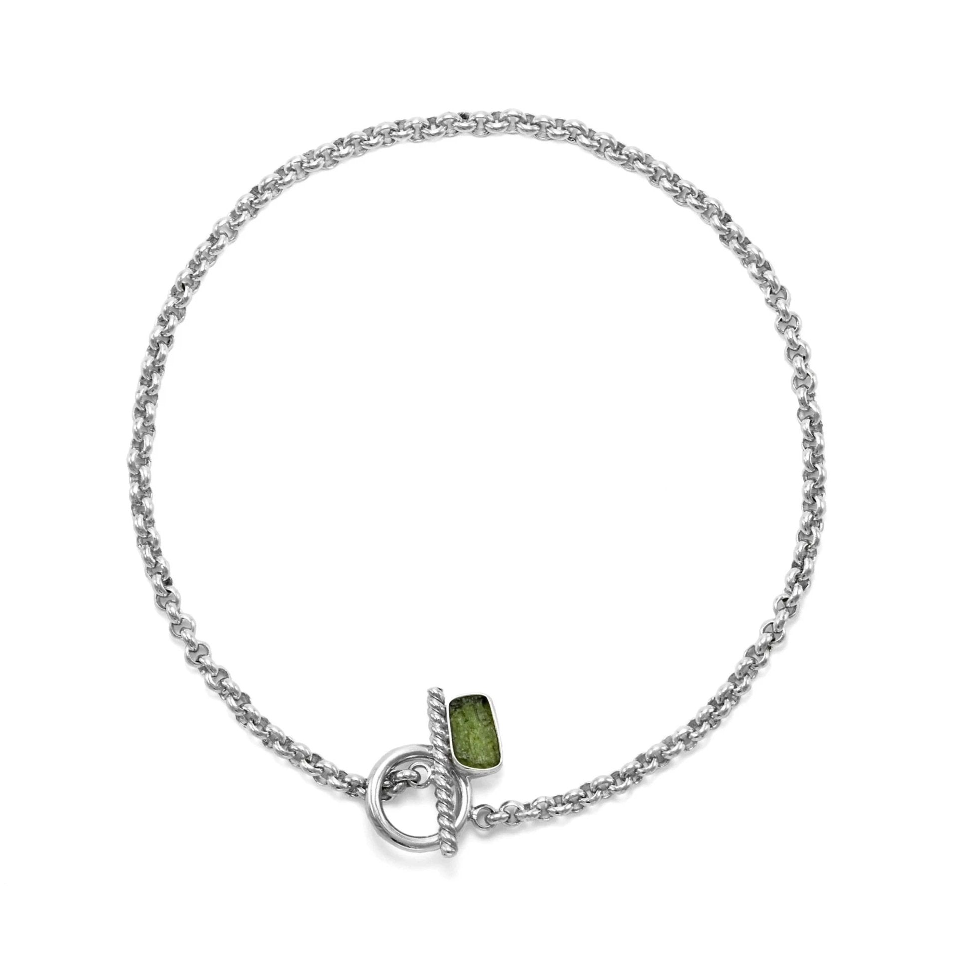 Sterling silver rolo chain necklace with raw moldavite with toggle clasp ioola