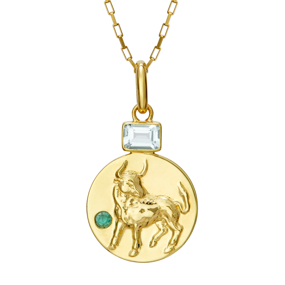 Taurus coin pendant with aquamarine and emerald birthstones // Gold