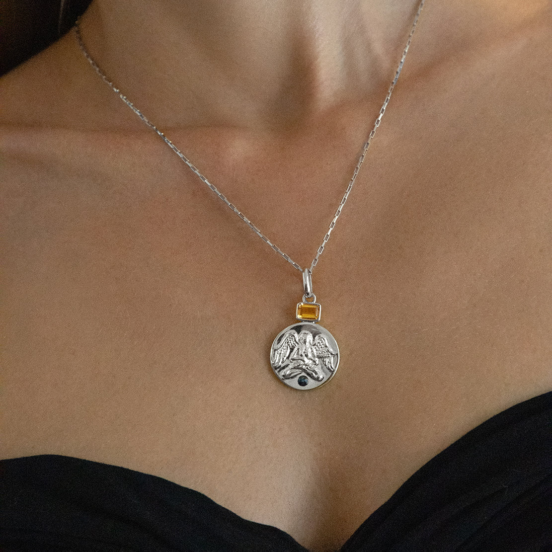 Virgo coin pendant with citrine and sapphire birthstones // Silver